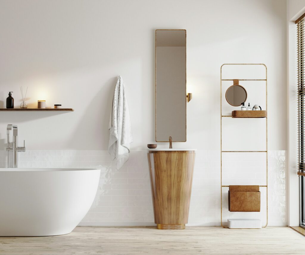 Modern bright bathroom interior with wooden furniture, bathtub and sink with mirror, 3d rendering