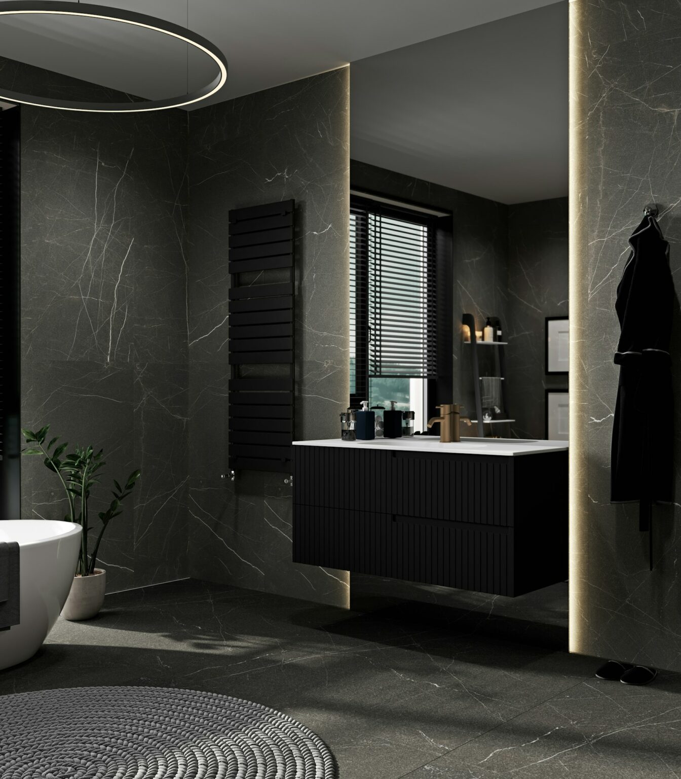 Modern gray bathroom interior with black furniture, bathtub and sink with mirror